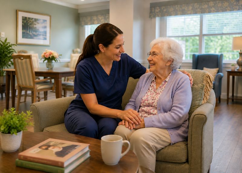 Caring staff with resident at The Waters of Dillsboro-Ross Manor